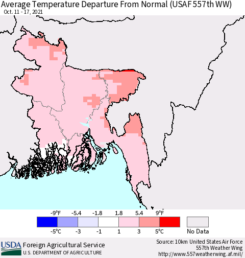 Bangladesh Average Temperature Departure from Normal (USAF 557th WW) Thematic Map For 10/11/2021 - 10/17/2021