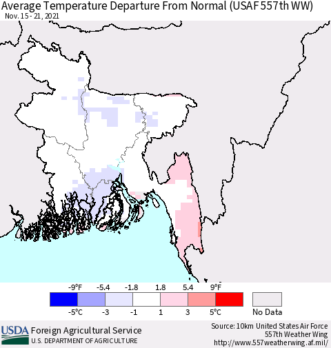 Bangladesh Average Temperature Departure from Normal (USAF 557th WW) Thematic Map For 11/15/2021 - 11/21/2021