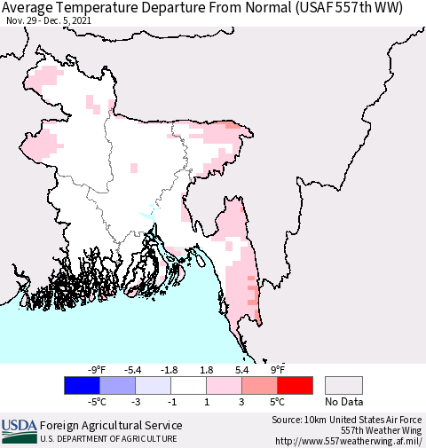 Bangladesh Average Temperature Departure from Normal (USAF 557th WW) Thematic Map For 11/29/2021 - 12/5/2021