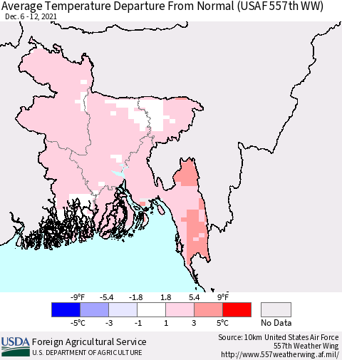 Bangladesh Average Temperature Departure from Normal (USAF 557th WW) Thematic Map For 12/6/2021 - 12/12/2021