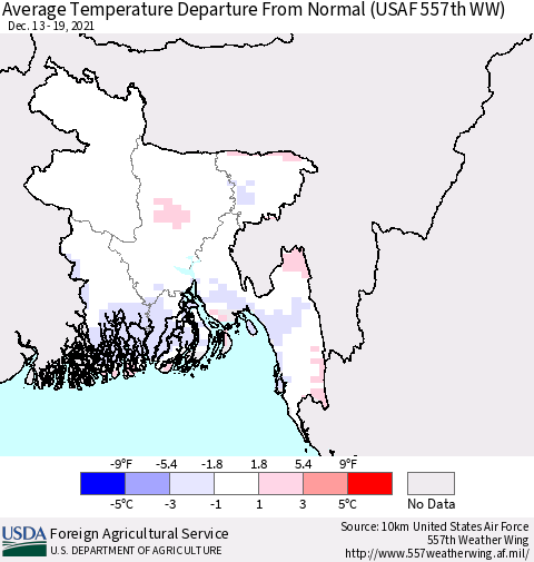 Bangladesh Average Temperature Departure from Normal (USAF 557th WW) Thematic Map For 12/13/2021 - 12/19/2021