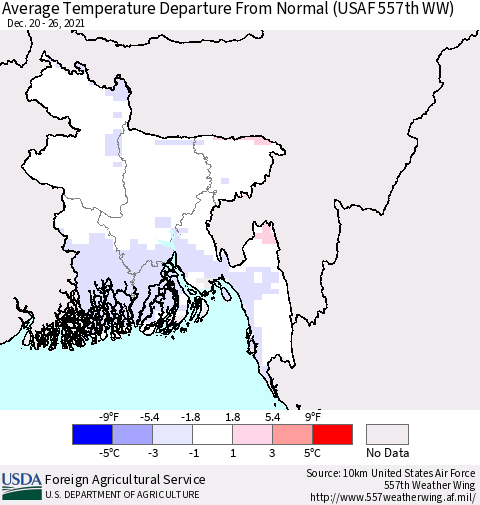Bangladesh Average Temperature Departure from Normal (USAF 557th WW) Thematic Map For 12/20/2021 - 12/26/2021