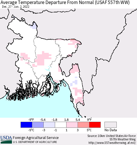 Bangladesh Average Temperature Departure from Normal (USAF 557th WW) Thematic Map For 12/27/2021 - 1/2/2022