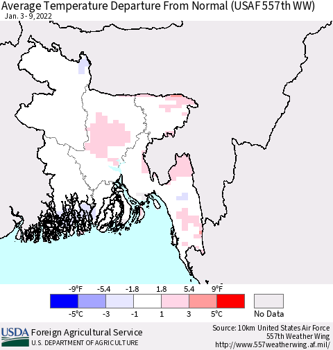 Bangladesh Average Temperature Departure from Normal (USAF 557th WW) Thematic Map For 1/3/2022 - 1/9/2022