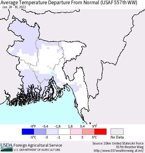 Bangladesh Average Temperature Departure from Normal (USAF 557th WW) Thematic Map For 1/24/2022 - 1/30/2022