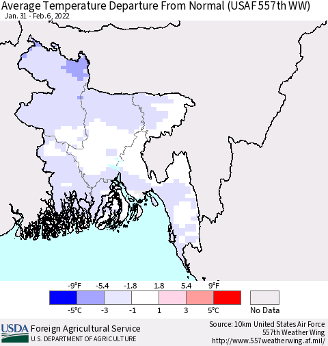 Bangladesh Average Temperature Departure from Normal (USAF 557th WW) Thematic Map For 1/31/2022 - 2/6/2022