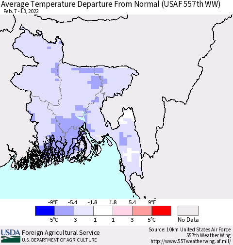 Bangladesh Average Temperature Departure from Normal (USAF 557th WW) Thematic Map For 2/7/2022 - 2/13/2022