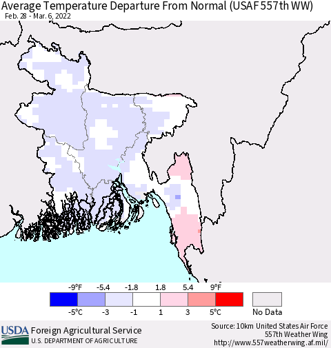 Bangladesh Average Temperature Departure from Normal (USAF 557th WW) Thematic Map For 2/28/2022 - 3/6/2022