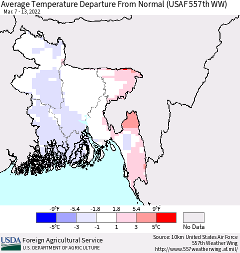 Bangladesh Average Temperature Departure from Normal (USAF 557th WW) Thematic Map For 3/7/2022 - 3/13/2022