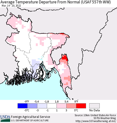 Bangladesh Average Temperature Departure from Normal (USAF 557th WW) Thematic Map For 3/14/2022 - 3/20/2022