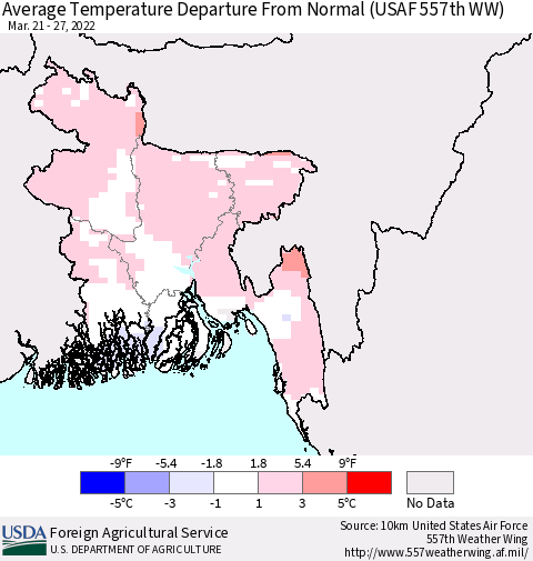 Bangladesh Average Temperature Departure from Normal (USAF 557th WW) Thematic Map For 3/21/2022 - 3/27/2022