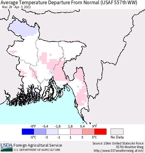 Bangladesh Average Temperature Departure from Normal (USAF 557th WW) Thematic Map For 3/28/2022 - 4/3/2022