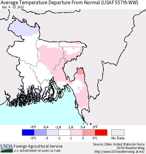 Bangladesh Average Temperature Departure from Normal (USAF 557th WW) Thematic Map For 4/4/2022 - 4/10/2022