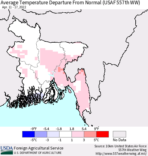 Bangladesh Average Temperature Departure from Normal (USAF 557th WW) Thematic Map For 4/11/2022 - 4/17/2022