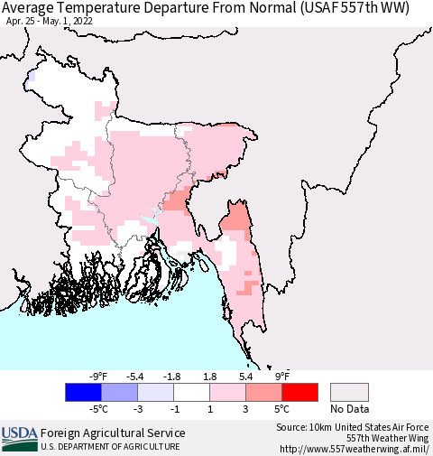 Bangladesh Average Temperature Departure from Normal (USAF 557th WW) Thematic Map For 4/25/2022 - 5/1/2022