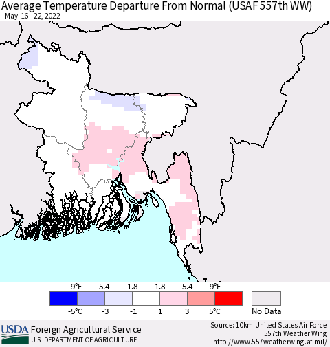 Bangladesh Average Temperature Departure from Normal (USAF 557th WW) Thematic Map For 5/16/2022 - 5/22/2022