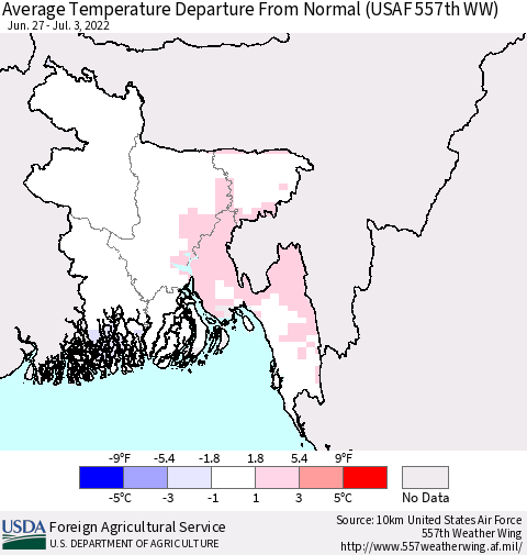 Bangladesh Average Temperature Departure from Normal (USAF 557th WW) Thematic Map For 6/27/2022 - 7/3/2022