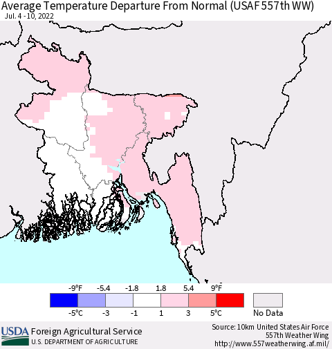 Bangladesh Average Temperature Departure from Normal (USAF 557th WW) Thematic Map For 7/4/2022 - 7/10/2022