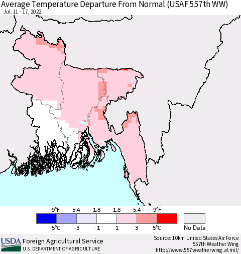 Bangladesh Average Temperature Departure from Normal (USAF 557th WW) Thematic Map For 7/11/2022 - 7/17/2022