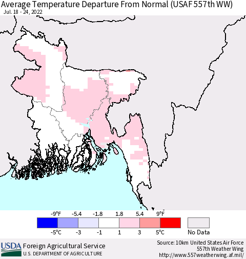 Bangladesh Average Temperature Departure from Normal (USAF 557th WW) Thematic Map For 7/18/2022 - 7/24/2022