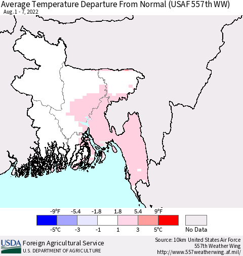 Bangladesh Average Temperature Departure from Normal (USAF 557th WW) Thematic Map For 8/1/2022 - 8/7/2022