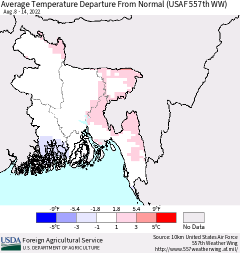 Bangladesh Average Temperature Departure from Normal (USAF 557th WW) Thematic Map For 8/8/2022 - 8/14/2022