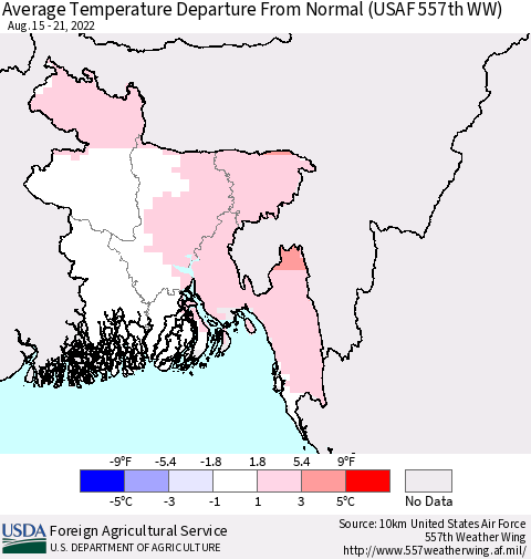 Bangladesh Average Temperature Departure from Normal (USAF 557th WW) Thematic Map For 8/15/2022 - 8/21/2022