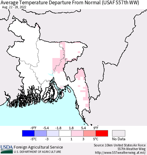 Bangladesh Average Temperature Departure from Normal (USAF 557th WW) Thematic Map For 8/22/2022 - 8/28/2022