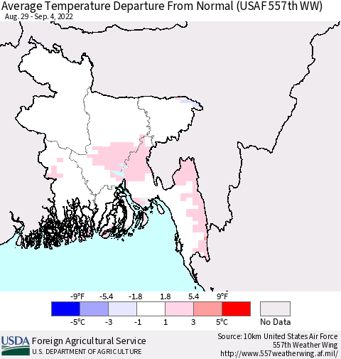 Bangladesh Average Temperature Departure from Normal (USAF 557th WW) Thematic Map For 8/29/2022 - 9/4/2022