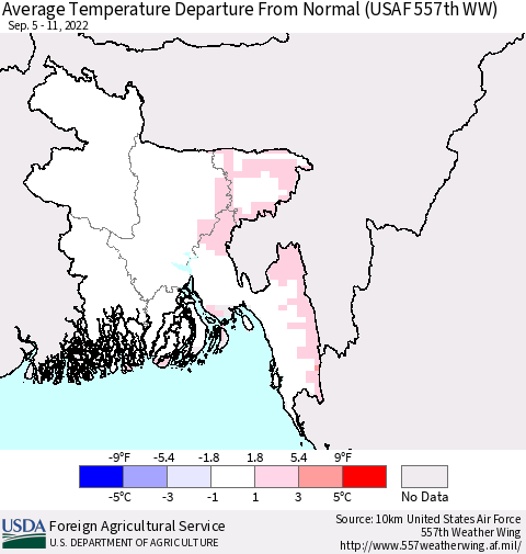 Bangladesh Average Temperature Departure from Normal (USAF 557th WW) Thematic Map For 9/5/2022 - 9/11/2022