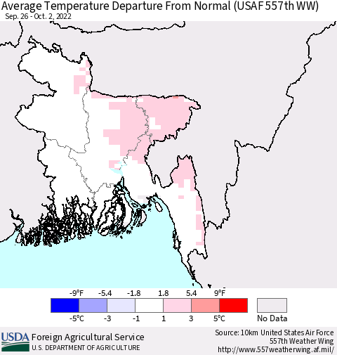 Bangladesh Average Temperature Departure from Normal (USAF 557th WW) Thematic Map For 9/26/2022 - 10/2/2022