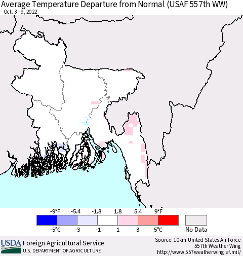 Bangladesh Average Temperature Departure from Normal (USAF 557th WW) Thematic Map For 10/3/2022 - 10/9/2022