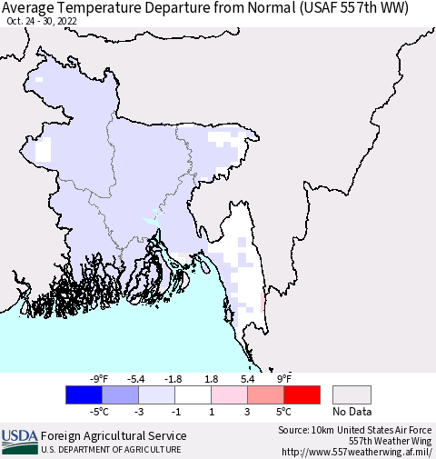 Bangladesh Average Temperature Departure from Normal (USAF 557th WW) Thematic Map For 10/24/2022 - 10/30/2022