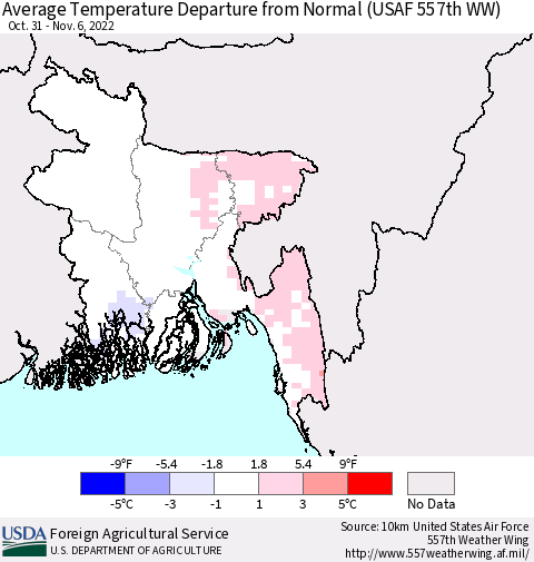 Bangladesh Average Temperature Departure from Normal (USAF 557th WW) Thematic Map For 10/31/2022 - 11/6/2022