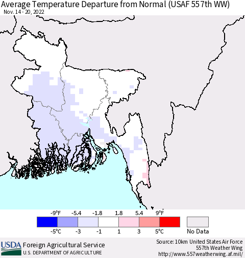 Bangladesh Average Temperature Departure from Normal (USAF 557th WW) Thematic Map For 11/14/2022 - 11/20/2022
