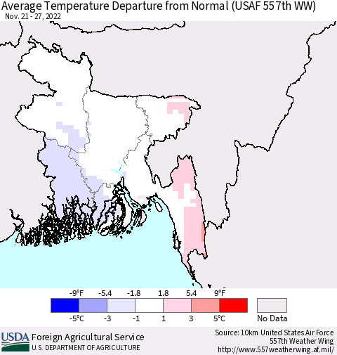 Bangladesh Average Temperature Departure from Normal (USAF 557th WW) Thematic Map For 11/21/2022 - 11/27/2022