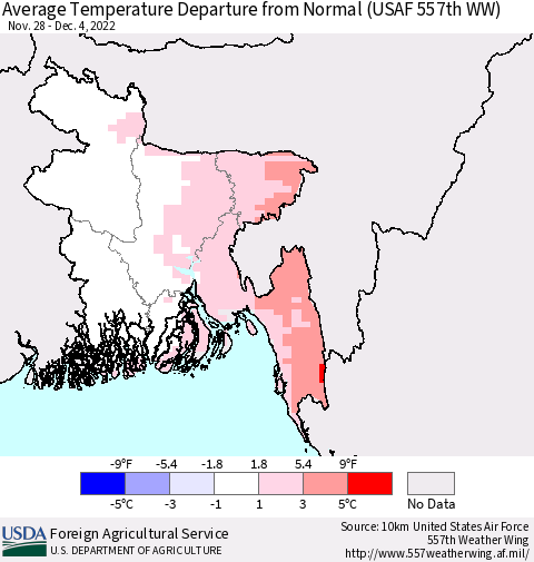 Bangladesh Average Temperature Departure from Normal (USAF 557th WW) Thematic Map For 11/28/2022 - 12/4/2022