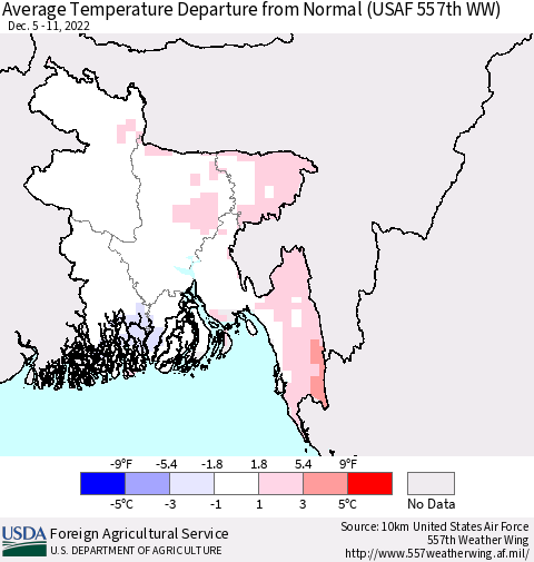 Bangladesh Average Temperature Departure from Normal (USAF 557th WW) Thematic Map For 12/5/2022 - 12/11/2022
