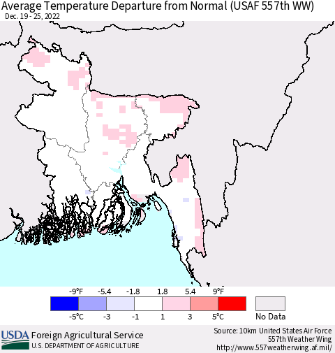 Bangladesh Average Temperature Departure from Normal (USAF 557th WW) Thematic Map For 12/19/2022 - 12/25/2022