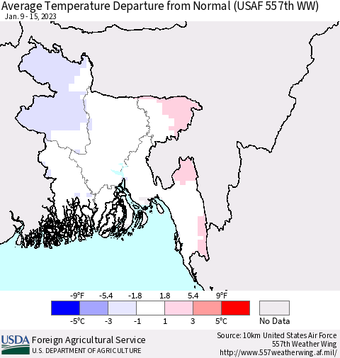 Bangladesh Average Temperature Departure from Normal (USAF 557th WW) Thematic Map For 1/9/2023 - 1/15/2023