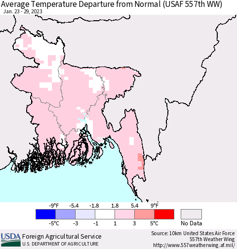 Bangladesh Average Temperature Departure from Normal (USAF 557th WW) Thematic Map For 1/23/2023 - 1/29/2023