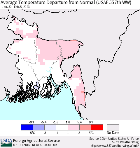 Bangladesh Average Temperature Departure from Normal (USAF 557th WW) Thematic Map For 1/30/2023 - 2/5/2023
