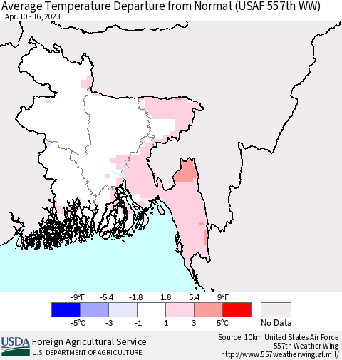 Bangladesh Average Temperature Departure from Normal (USAF 557th WW) Thematic Map For 4/10/2023 - 4/16/2023