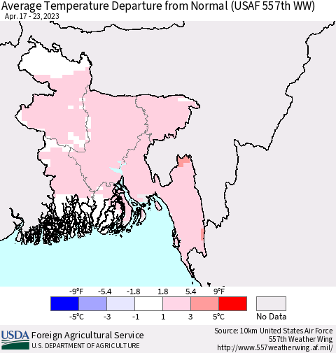 Bangladesh Average Temperature Departure from Normal (USAF 557th WW) Thematic Map For 4/17/2023 - 4/23/2023