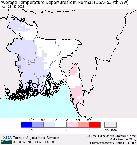Bangladesh Average Temperature Departure from Normal (USAF 557th WW) Thematic Map For 4/24/2023 - 4/30/2023