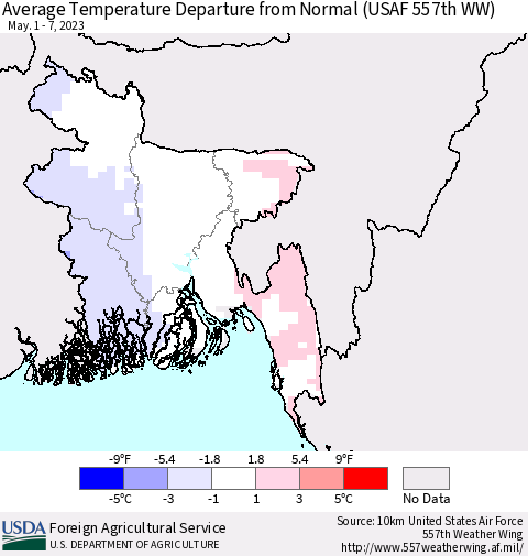Bangladesh Average Temperature Departure from Normal (USAF 557th WW) Thematic Map For 5/1/2023 - 5/7/2023