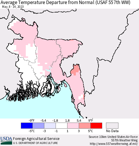 Bangladesh Average Temperature Departure from Normal (USAF 557th WW) Thematic Map For 5/8/2023 - 5/14/2023