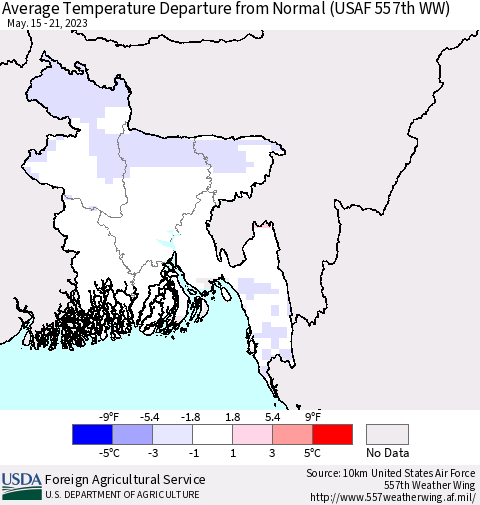 Bangladesh Average Temperature Departure from Normal (USAF 557th WW) Thematic Map For 5/15/2023 - 5/21/2023