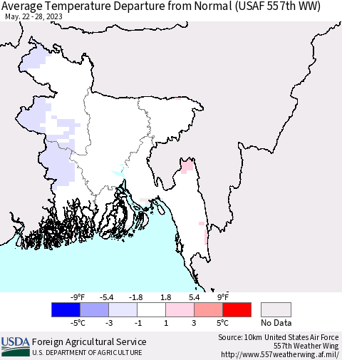 Bangladesh Average Temperature Departure from Normal (USAF 557th WW) Thematic Map For 5/22/2023 - 5/28/2023