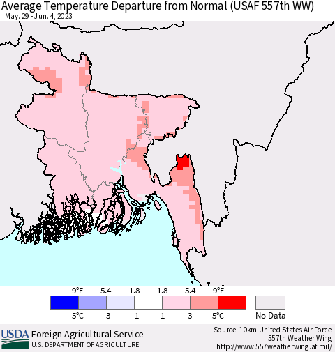 Bangladesh Average Temperature Departure from Normal (USAF 557th WW) Thematic Map For 5/29/2023 - 6/4/2023